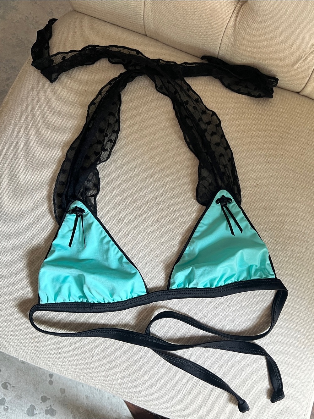 Beach Bunny Aqua Blue Triangle Bikini Top with Black Trim and Lace Detail